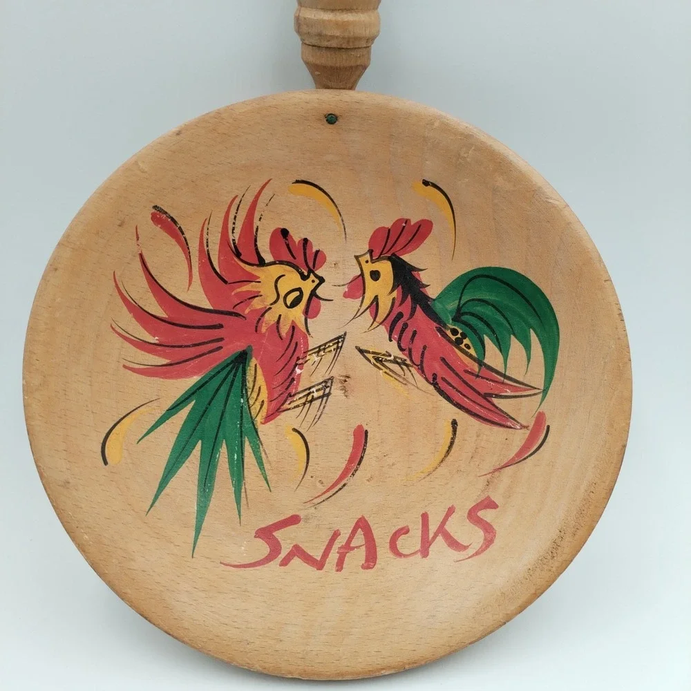 Vintage Hand Painted Wooden Rooster Snack Bowl Handle MCM‎ Folk Art Foreign Mark